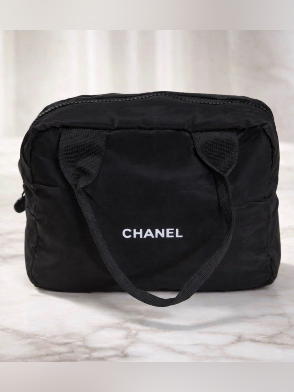Chanel Black Cosmetic Puffy Pouch Makeup Bag Mini Boston Bag W/Handled